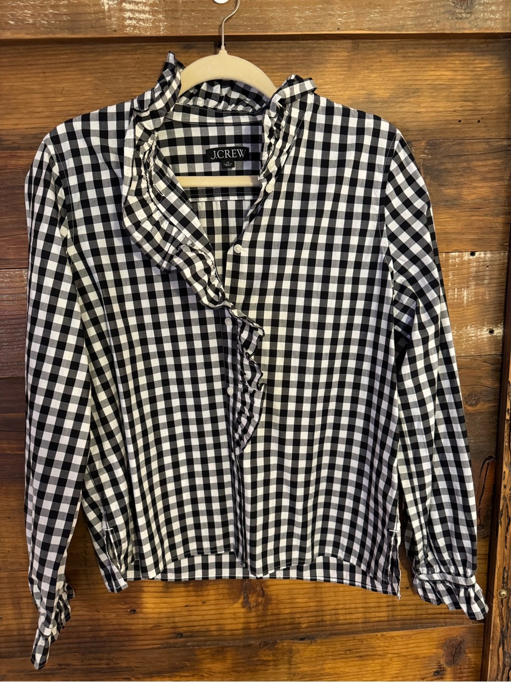 J. Crew Black and White Gingham Ruffle-Neck Button-Down Shirt